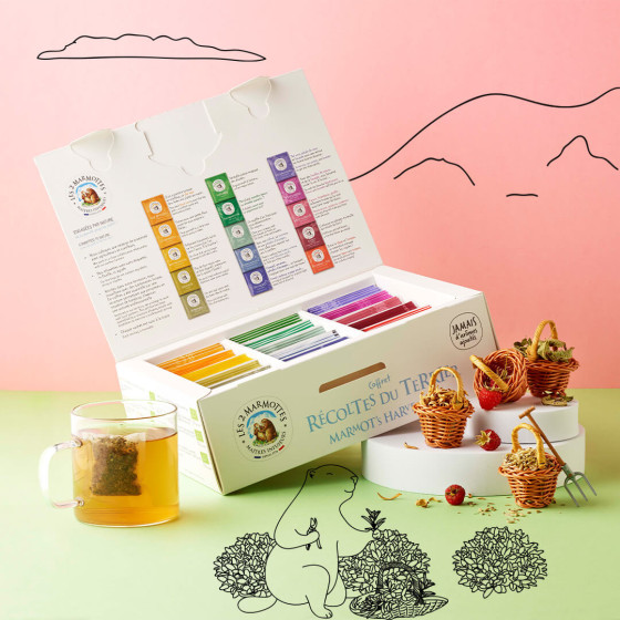 Le Coffret cadeau Récoltes du terrier contient 15 cases avec 75 sachets de tisanes et d'infusions variés