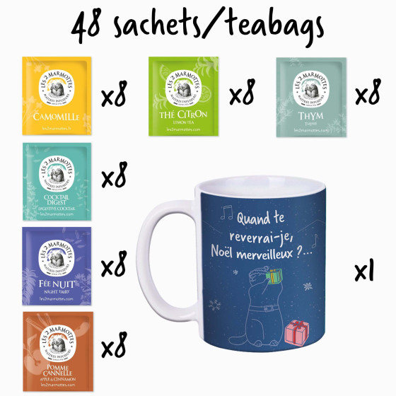 Contenu du coffret Le Bonheur dans la tasse : 48 sachets d'infusions et thés et 1 mug