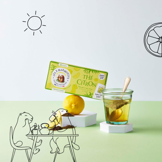 Thé citron Les 2 Marmottes : thé bio avec du vrai citron sans arômes ajoutés