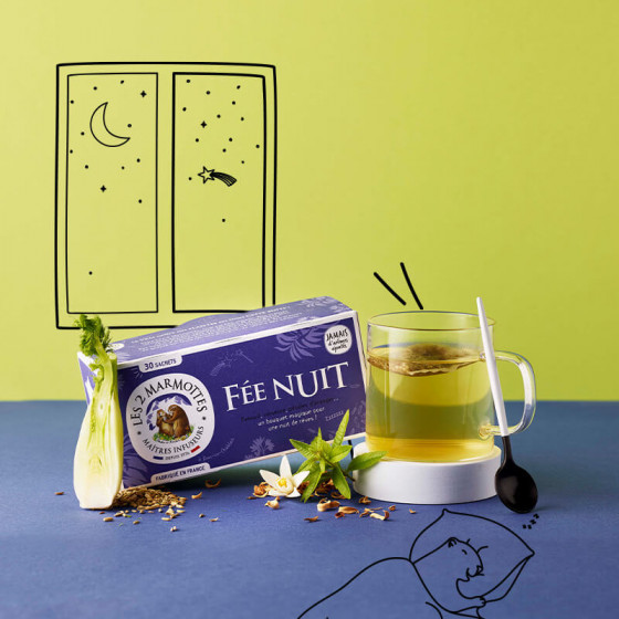 tisane du soir Fée Nuit fenouil verveine pétales d'oranger camomille Les 2 Marmottes - Made in France - Sans arômes ajoutés