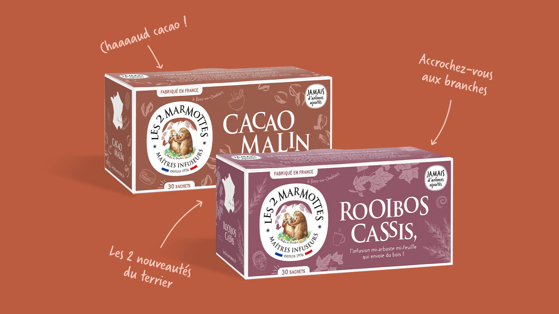 Nouveautés Les 2 Marmottes : infusions originales Cacao Malin et Rooibos cassis