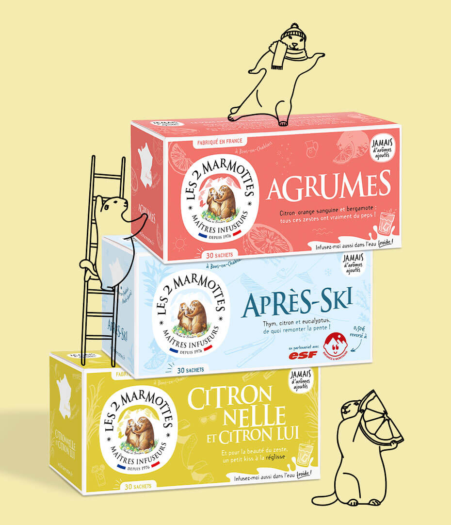 Boîtes d'Agrumes, Après-Ski et Citronnelle et Lui avec dessins de marmottes et un citron