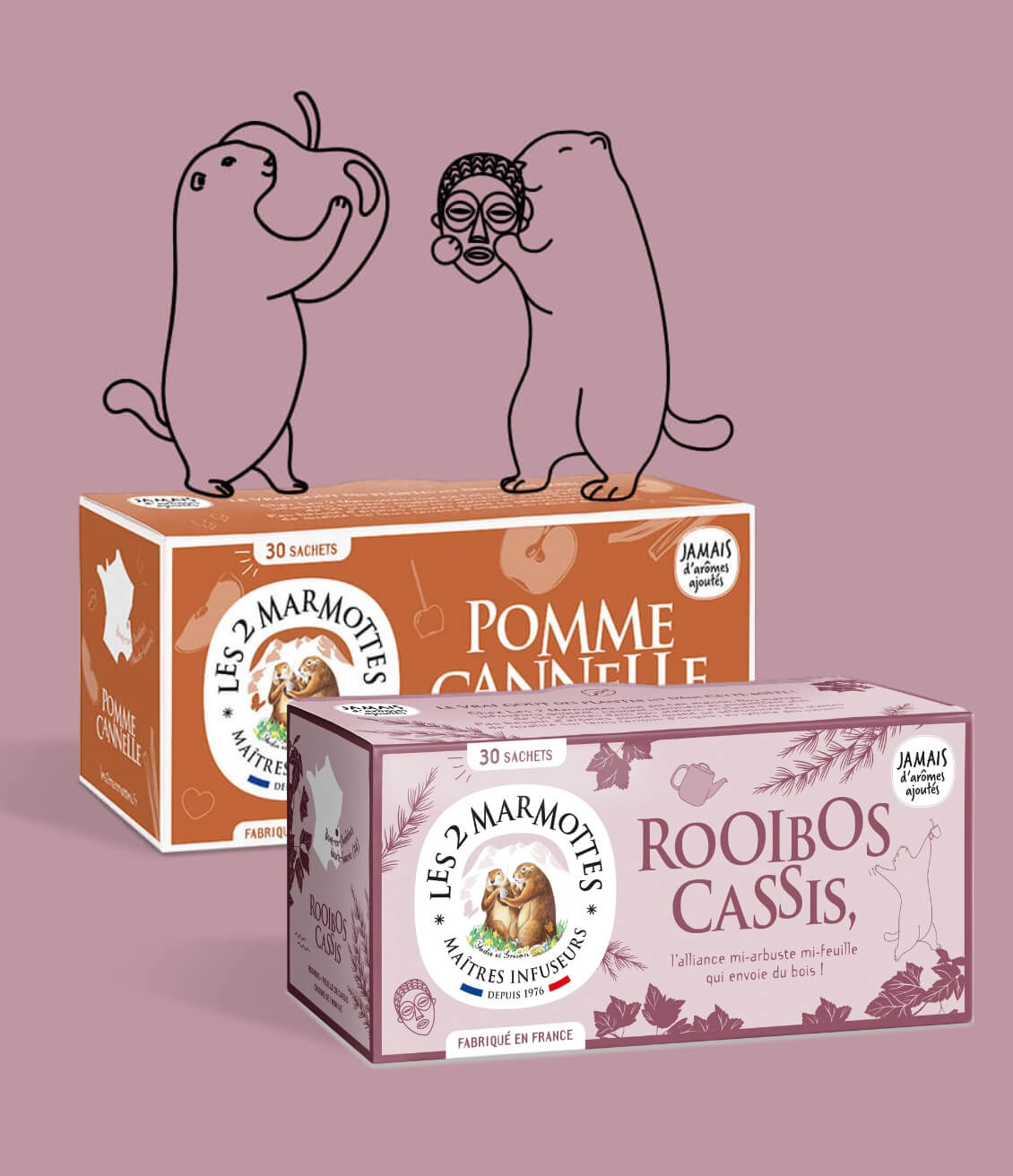 Infusion Rooibos Cassis et Infusion Pomme Cannelle sans théine Les 2 Marmottes